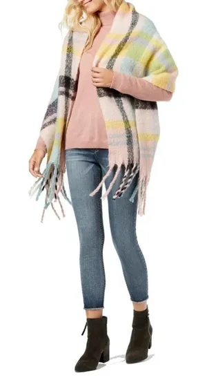 Betsey Johnson fuchsia turquoise black plaid blanket scarf NWOT thumbnail 1