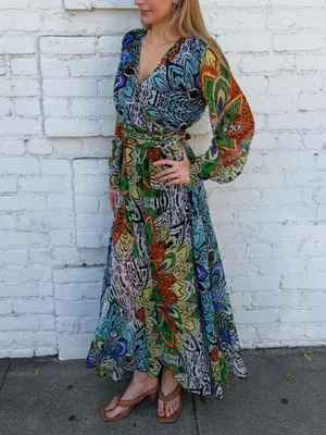 NWT Bandolino tropical safari maxi dress with multicolored abstract floral and leaf-like design sz M thumbnail 2