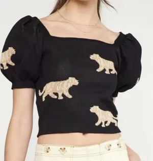 Entro Jaguar Print Puff Sleeve Knit Top Black thumbnail 1