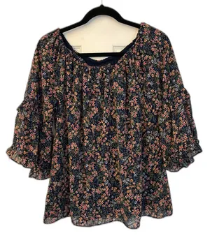 1.STATE Floral Off-Shoulder Ruffle Sleeve Blouse Navy Blue Pink Size L Cottage thumbnail 1