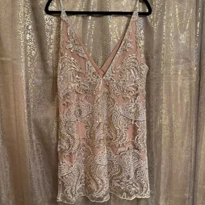 Free People Night Shimmers Gold Nude Sparkly Mini Dress Size 12 thumbnail 4