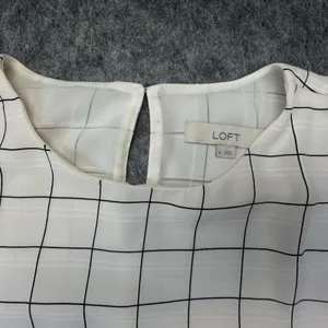 LOFT Top Sz M Ivory Plaid Round Neck Short Sleeve Keyhole Back Peplum Lined thumbnail 6