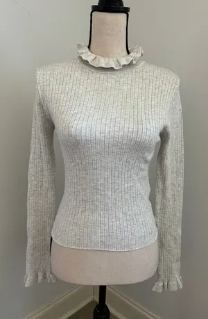 H&M Grey‎ Ribbed Mock Neck Sweater Medium Long Sleeve Ruffle Girlhood Office Neutral thumbnail 1
