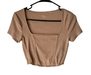 Pacsun PacCares Size Medium Nude Beige Short Sleeve Square Neck‎ Bustier Top thumbnail 1