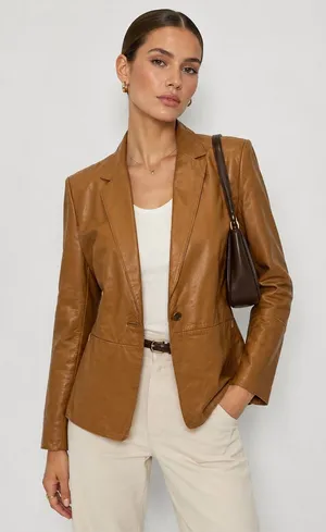 Vintage Kenneth Cole Leather Jacket Blazer Small Camel Brown Y2K Minimal Chic thumbnail 1