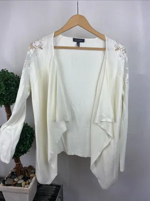 Limited Ivory Long Sleeve Crochet Accent Open Drape Front Cardigan Sweater M thumbnail 2