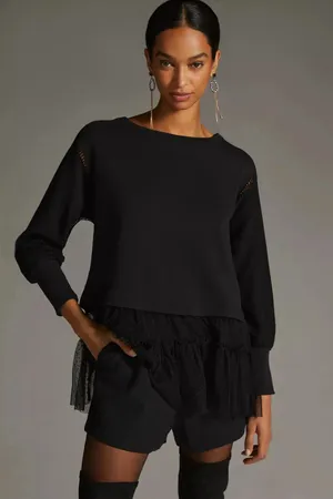 Anthropologie Black Tulle Sweatshirt Sheer Swiss Dot Ruffle Lace Oversized MED thumbnail 1