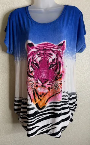 Womens M/L Tunic‎ Top Blouse Blue Pink Tiger Rhinestone Zebra Ombre Graphic thumbnail 1