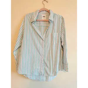 Aerie Button Down Shirt Women Large Green Pink Striped Coastal Relaxed Fit Top thumbnail 6