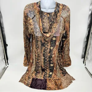 Faded Glory Brown and Gold Patterned Hoodie Tunic Blouse/Mini Dress Size S (4-6) thumbnail 7