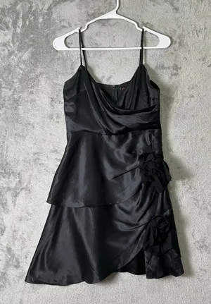 Betsey Johnson Black Satin Ruched Mini Dress Cowl Neck Spaghetti Strap Size 4 thumbnail 1