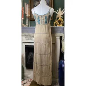 Ole San Miguel Tan Cotton Gauze Embroidered Tiered Maxi Dress Small Blue Floral thumbnail 3