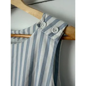 Vintage Blue White Striped Sleeveless Midi Dress Button Shoulder Drop Waist thumbnail 4