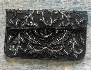 Black Silver Iridescent Floral Beaded Fold Over Magnetic Closure Clutch Bag thumbnail 1