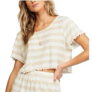 Billabong ‘Breeze By’ Neutral Striped Ruffle Top thumbnail 1