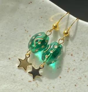 boho vintage fairy whimsical style quality Czech glass moon/star beads dangle earrings🌝🌠💚⭐️ thumbnail 4