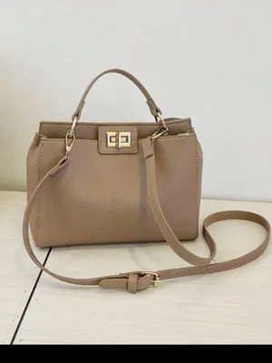 Twist lock Taupe tan Top-Handle Satchel Bag with crossbody faux leather thumbnail 4