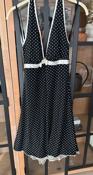 Ruby Rox Vintage Y2K Polka Dots Halter Dress Empire waist bow Tulle Hem retro midi sexy thumbnail 1