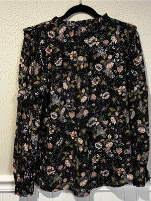 Loft Black and White Floral Ruffle Key Hole long sleeve pullover top size small thumbnail 12