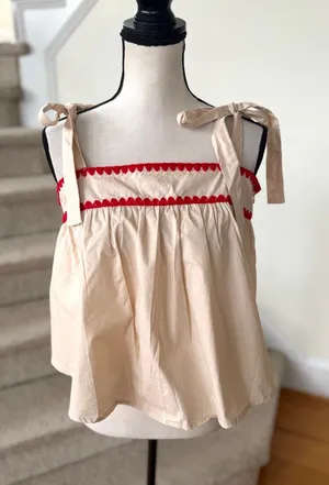 &Merci Cream & Red Stitch Bow Tie Square Neck Loose Boxy Tank Cottage Boho thumbnail 1