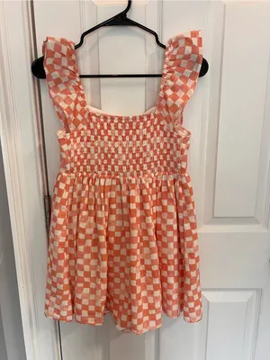 American Eagle Outfitters Coral and White Checkered Ruffle-Strap Romper thumbnail 3