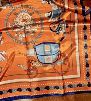Vintage Equestrian HORSE&CARRIAGE print orange/blue oversized silky Scarf 35/35 thumbnail 15