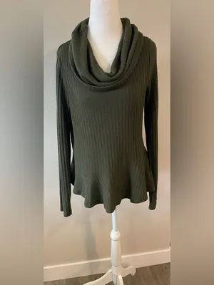 Maeve for Anthropologie Ribbed Knit Top Cowl Neck Flared Hem Olive Green thumbnail 2