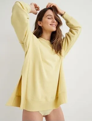 Aerie L Large Good Vibes Oversized Sweatshirt Tunic Long Sleeve Crew Neck Yellow thumbnail 1
