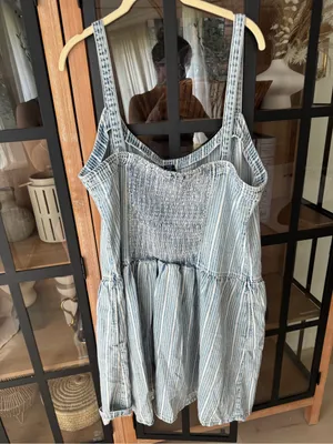 GAP UltraSoft Denim Stripe Drop-Waist Mini Dress indigo striped light wash thumbnail 4