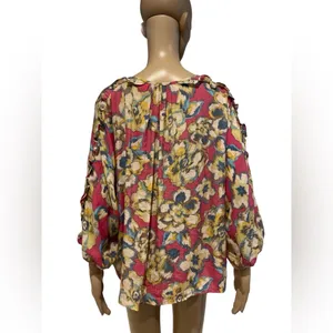 Zac & Rachel Watercolor Boho Blouse Sleeve Ruffle size L thumbnail 4