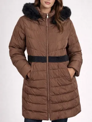 GUESS‎ Janina Brown Long Line Faux Fur Hood Full Zip Down Puffer Jacket Size L thumbnail 1