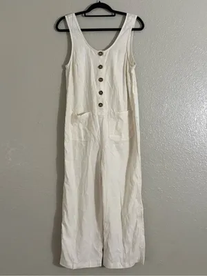 Marine Layer XS Ivory Sleeveless Button Front Wide Leg Cropped Jumpsuit Pockets thumbnail 6