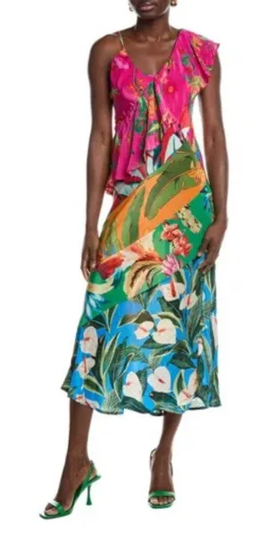 Farm Rio Mixed Flowery Ruffle Midi Dress Size XS thumbnail 1