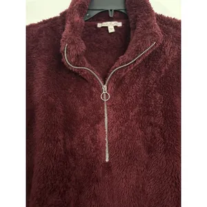 Express‎ One Eleven Fleece Pullover Women Medium Burgundy Excellent Sherpa Zip thumbnail 3