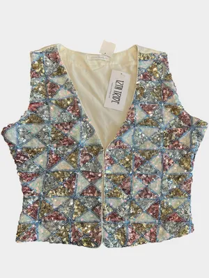 12th Tribe NWT Sequin Open Front Vest Top Large Pastel Geometric Festival Boho thumbnail 2