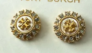 Tory Burch | Gold Mother of Pearl & Crystal Logo Stud Earrings | $150 Retail thumbnail 1