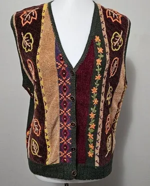 Vintage Koret Petites Olive Autumn Floral Embroidered Vneck Vest Size Medium thumbnail 1