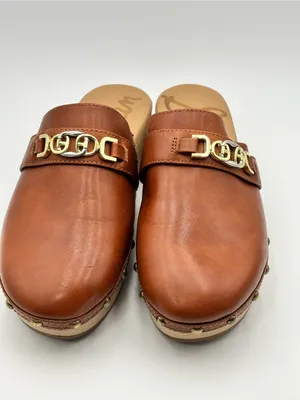 Sam Edelman Tan Leather Clog Mules with Gold Chain Accent Size 7.5 thumbnail 3