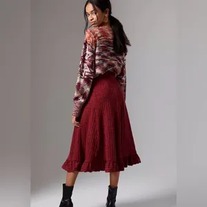Anthropologie Pauline Midi Sweater Skirt Red Rouge Ruffled Ribbed Size XS thumbnail 3