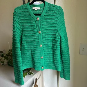 LOFT Women’s Green Chunky Crochet Cardigan Long Sleeve Sweater with Gold Buttons thumbnail 2