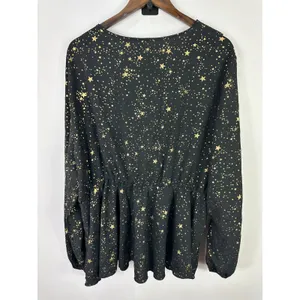 SHEIN Curve Blouse Womens 5XL Black Gold Foil‎ Star Ruffle Peplum Celestial Top thumbnail 3
