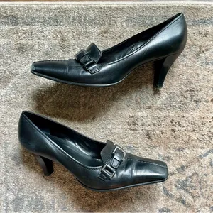 Franco Sarto 90s Vintage Pointed Square Toe Black Leather Buckle Pump Heel 8.5 thumbnail 2