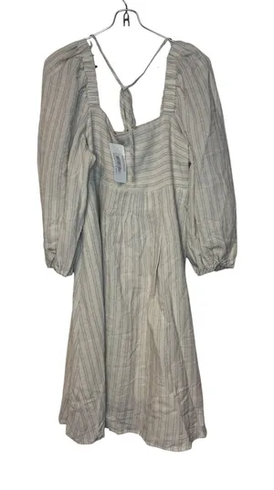 Mystree Womens Smocked Midi Dress Lined Striped Puff Sleeve Oatmeal Small NWT thumbnail 1