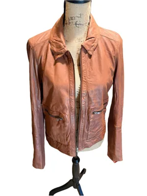 Hinge Zip Pocket Leather Jacket Brown Size 1 (19” PTP oversized) NWT thumbnail 2