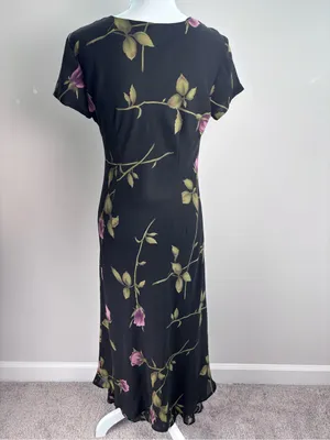 Jessica Howard Black Pink Rose Floral Short Sleeve Maxi Gown Dress Vintage thumbnail 7