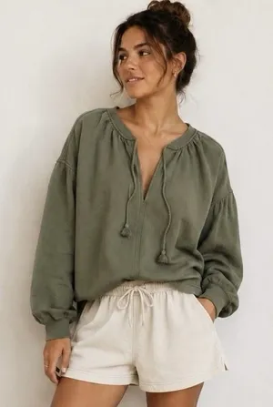 Aerie Easy Street Olive Green Oversized Sweatshirt Size M Peasant Boho Cottage thumbnail 1