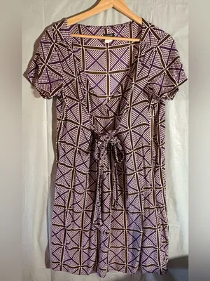 J. Crew Dress Sz 6 Purple Brown‎ Geometric Print 100% Silk Luxury Polka Dot Midi thumbnail 2