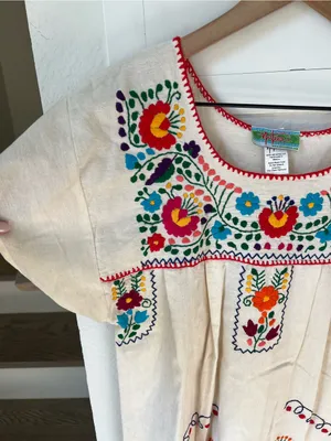 Nativa Puebla Hand Embroidered Mexican Peasant Dress in Cream thumbnail 3