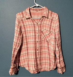 Free People Dusty Pink, Rust & Cream Soft Flannel Button Down Shirt. Relaxed Fit thumbnail 1