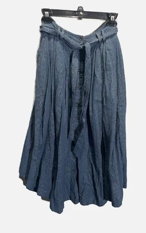 Free People‎ Midi Skirt Womens 2 Blue Metallic Pinstripe Button Front Boho Chic thumbnail 1